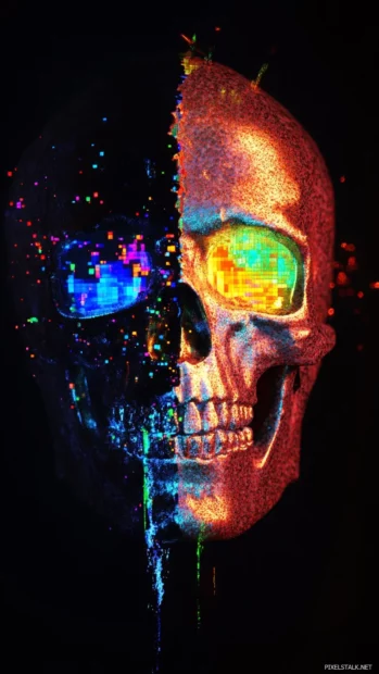 Half split skull showing pixel dust and rainbow glow.