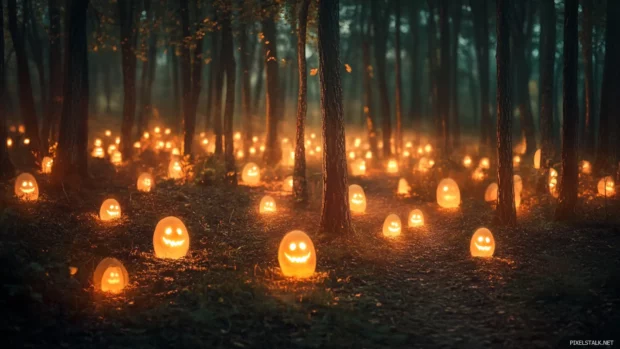 Halloween Computer Wallpapers concept showing enchanted forest with glowing ghost lights.