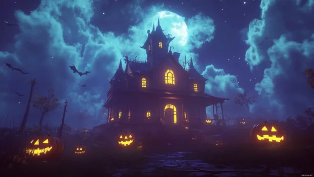 Halloween PC Wallpapers with spooky haunted mansion at night, glowing pumpkins.
