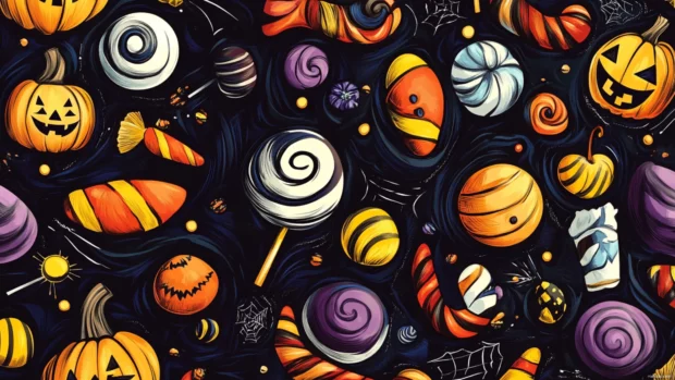 Halloween candies tossed around in hand drawn swirls.