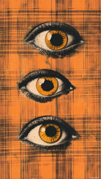 Halloween wallpaper in vintage style with spooky eyes and orange plaid background.