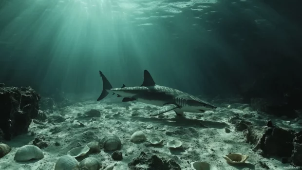 Hammerhead shark gliding near ocean floor with scattered shells.