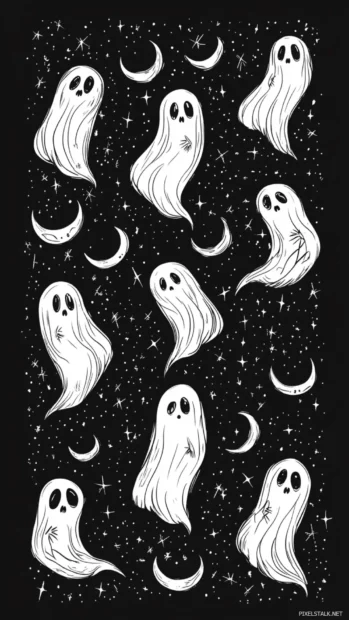 Hand drawn aesthetic ghosts waving in alternating rows surrounded by crescent moons.