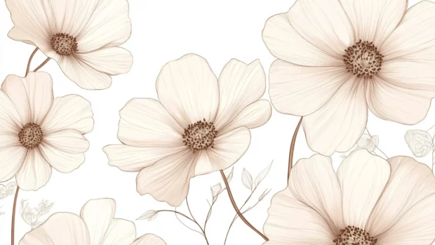 Hand drawn cosmos flowers in repeating motif, styled in soft browns and pinks.