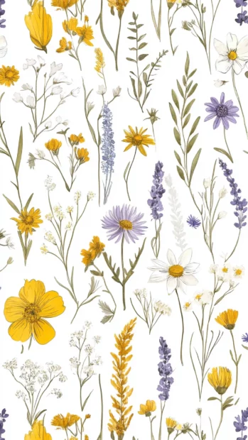 Hand drawn pattern of various wildflowers in a seamless design.