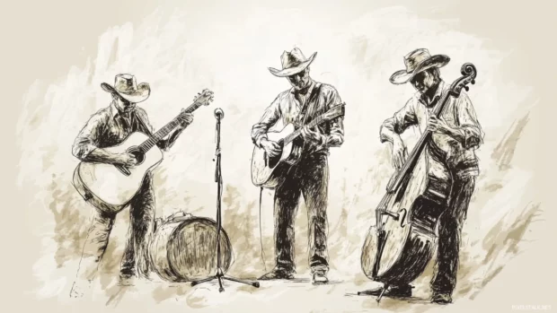 Hand drawn sketch of a country music band in sepia.