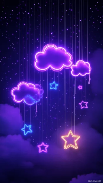 Hand drawn stars drifting in purple neon dreamscape, Aesthetic neon purple clouds.