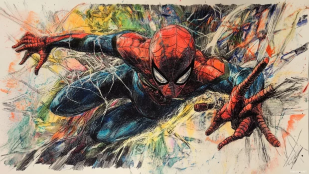 Hand drawn style Spider Man sketch filled with color.