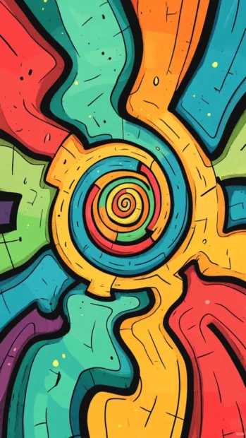 Hand drawn swirl maze in comic style with bright color trippy bursts.