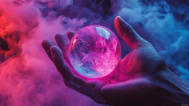 Hand holding crystal sphere glowing in neon mist.