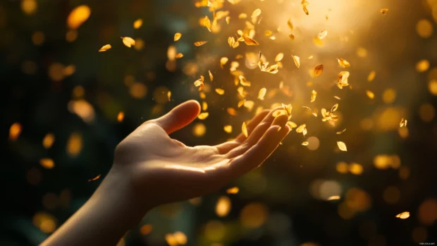 Hand reaching out to catch falling leaves, golden blur.
