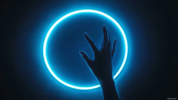 Hand reaching toward glowing blue neon ring.