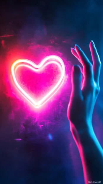 Hand reaching toward glowing neon heart in night.
