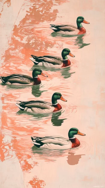 Hand sketched ducks in various poses floating on pastel water streaks across the screen.