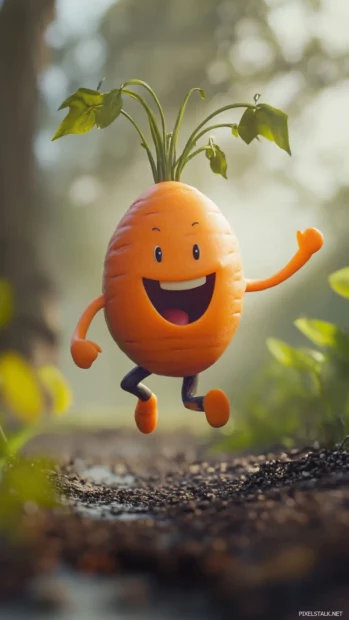 Happy carrot running with cartoon arms and legs.