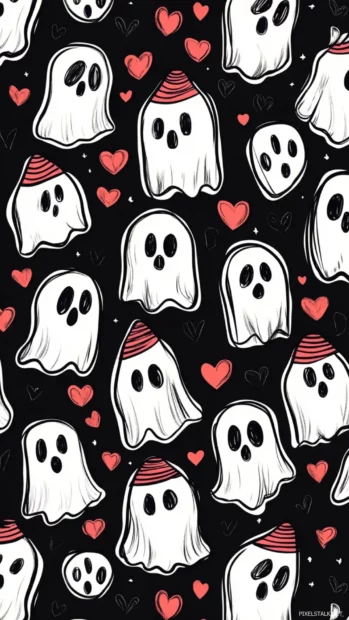 Happy ghost doodles wearing little hats drift between floating hearts in repeating pattern.