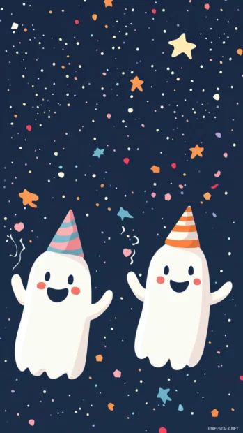 Happy ghost friends wear party hats and blow confetti over a starry background.