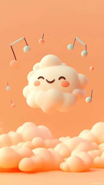 Happy music note character floating on peach sky.