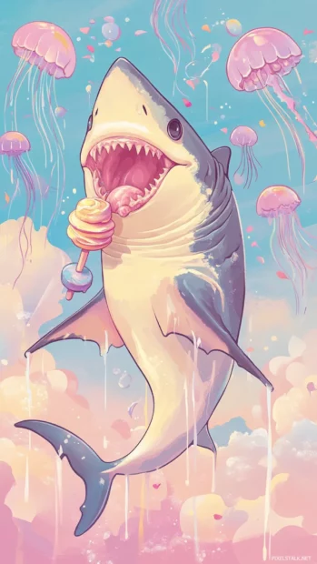 Happy shark enjoying ice cream under pastel jellyfish sky.