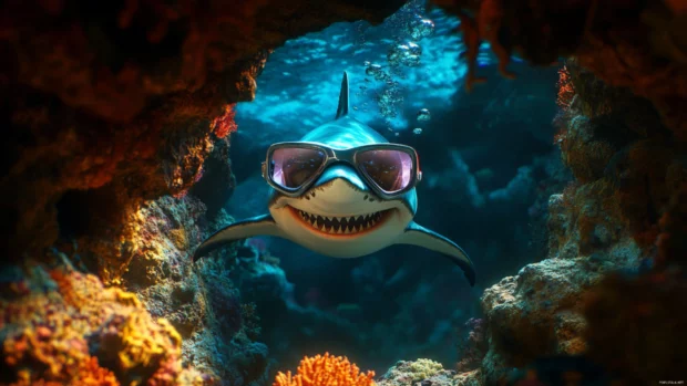 Happy shark wearing goggles exploring coral caves.