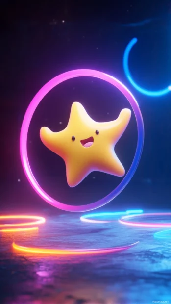 Happy star character jumping through neon rings.