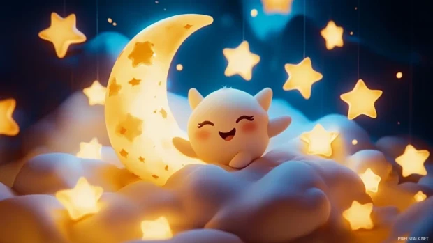 Happy stars gathering around a sleepy cartoon moon, dancing happily in kawaii cosmic stars wallpaper.
