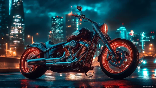 Harley Davidson Fat Boy against neon city skyline, one of the best Harley Davidson PC wallpapers.