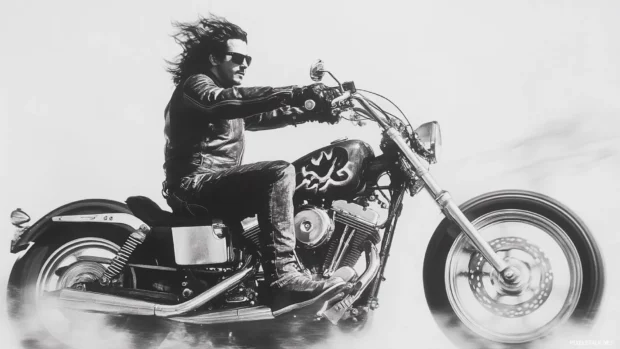 Harley Davidson and rider wearing leather jacket.