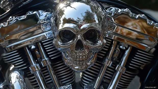 Harley Davidson chopper with skull detailing.
