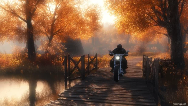 Harley Davidson crossing a wooden bridge.