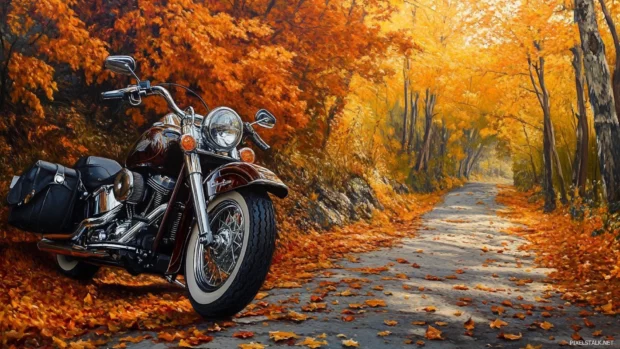 Harley Davidson in autumn leaves landscape.