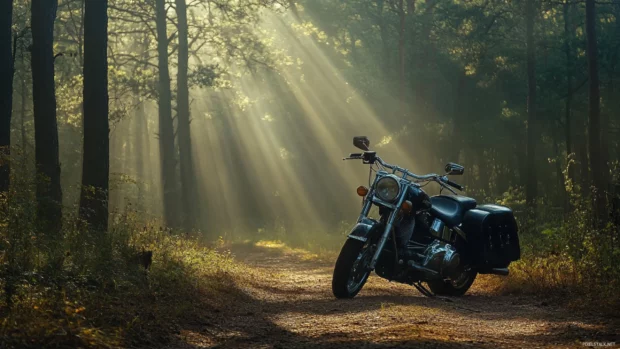 Harley Davidson in forest trail with sunrays.