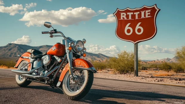Harley Davidson in front of vintage Route 66 sign.