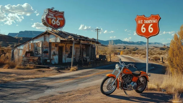 Harley Davidson motorcycle on Route 66, top rated Harley Davidson PC wallpapers download.