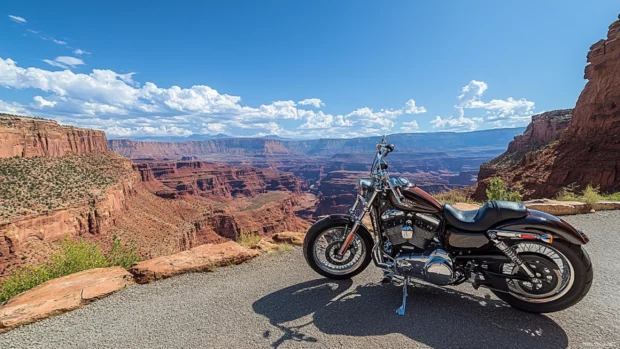 Harley Davidson next to canyon viewpoint.