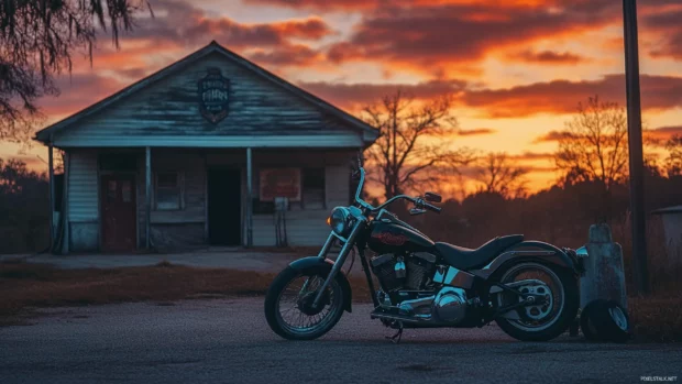 Harley Davidson next to old gas station at sunset.