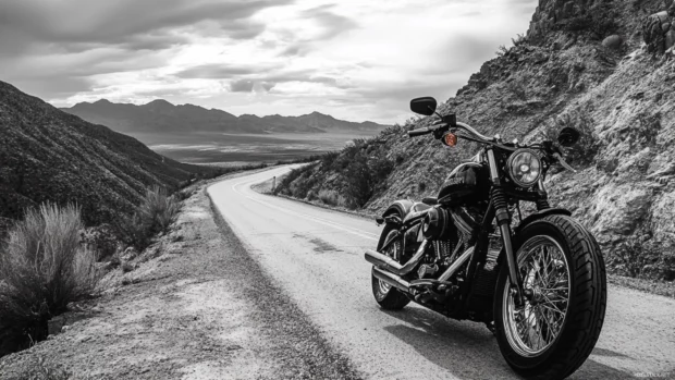 Harley Davidson on a winding mountain road.