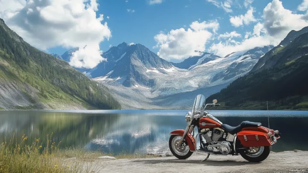Harley Davidson parked beside a mountain lake.