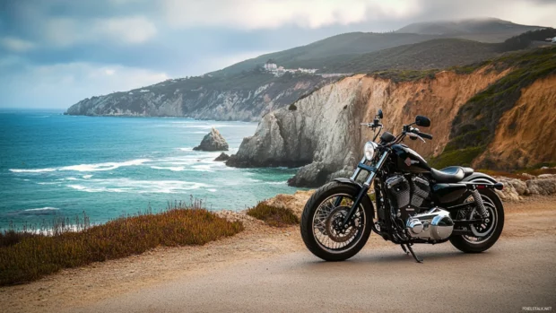 Harley Davidson parked by ocean cliffs, great Harley Davidson wallpaperp for desktop.