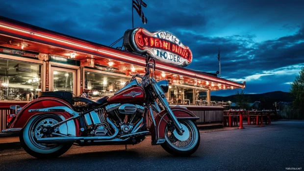 Harley Davidson parked in front of a vintage diner.