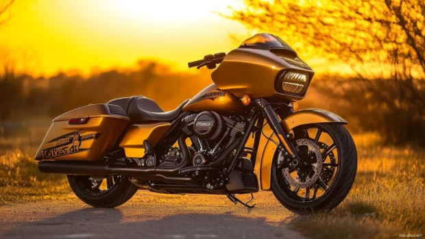 Harley Davidson parked under golden sunset, best motorcycle wallpaper for PC lovers.