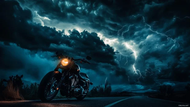 Harley Davidson under dramatic stormy clouds.