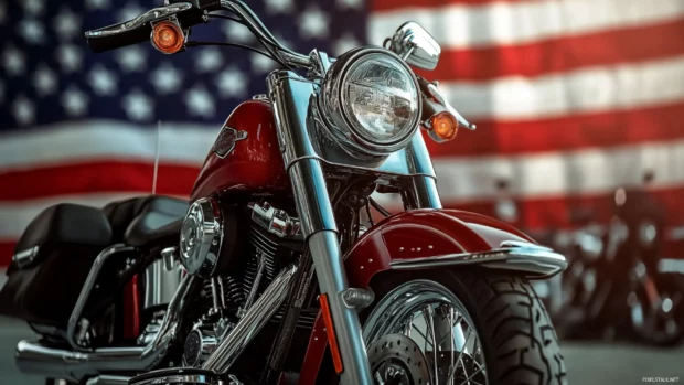 Harley Davidson with American flag in the background.