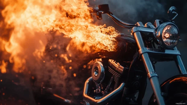 Harley Davidson with flames bursting from exhaust.