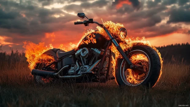 Harley Davidson with flames on the tank in open field.
