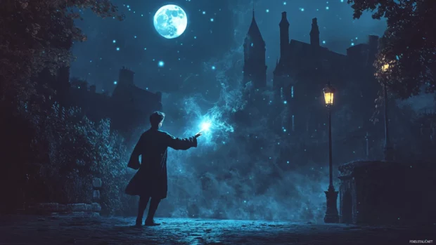 Harry Potter aesthetic wallpaper, cinematic illustration of Harry Potter casting a spell at night.