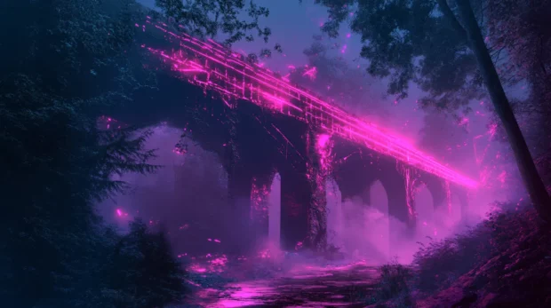Haunted bridge shimmering with broken neon lines.