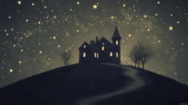 Haunted house sitting on curved hill beneath retro stars.
