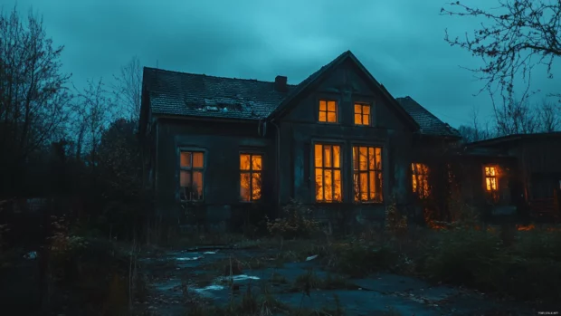 Haunted house with flickering lights and cracked windows.