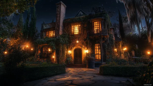 Haunted mansion with flickering lights and overgrown vines.